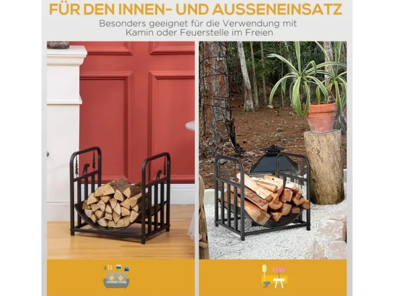 Outsunny Kaminholzregal Brennholzregal mit Griffe Metall Schwarz