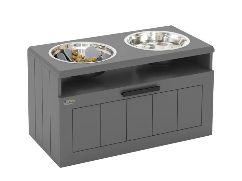 PawHut Futterstation Hundenäpfe MDF Stahl Grau 60L x 30B x 35H cm