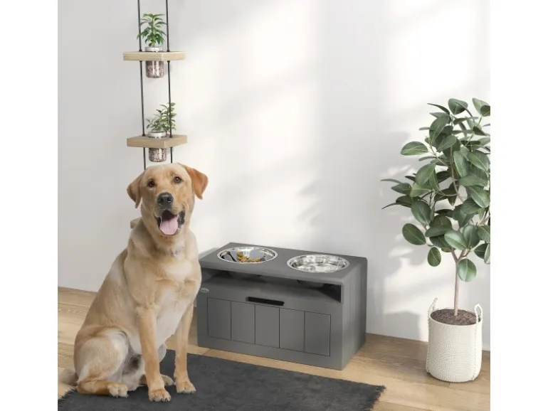 PawHut Futterstation Hundenäpfe MDF Stahl Grau 60L x 30B x 35H cm