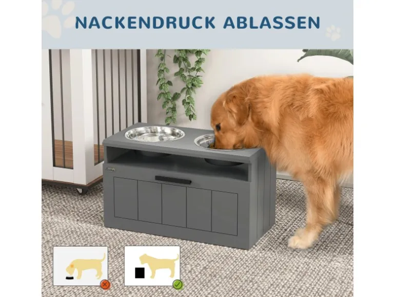 PawHut Futterstation Hundenäpfe MDF Stahl Grau 60L x 30B x 35H cm