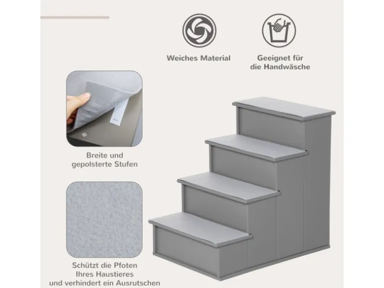 PawHut Haustiertreppe MDF Kurzplüsch Grau 40L x 59B x 54,2H cm