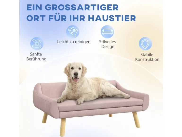 PawHut Hundesofa mit Rückenlehne Holzbeine Kissen Samt Rosa 102 x 58,5 x 42,5 cm