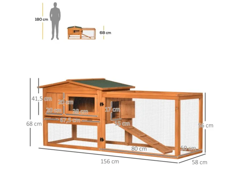 PawHut Kaninchenstall aus Tannenholz mit Asphaltdach 156 x 58 x 68 cm