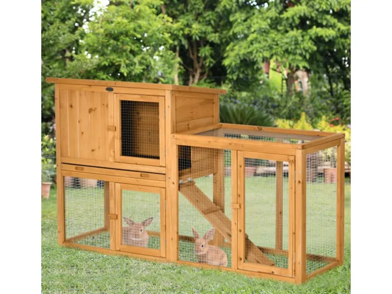 PawHut Kaninchenstall mit Tannenholz 141 x 60 x 86 cm