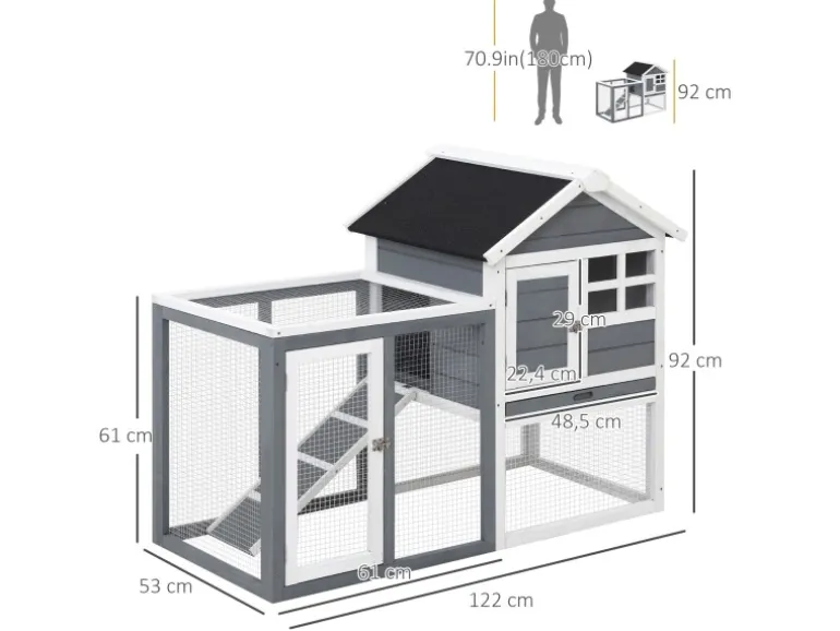 PawHut Kaninchenstall Tannenholz Grau Weiß Schwarz 122 x 62,6 x 92 cm