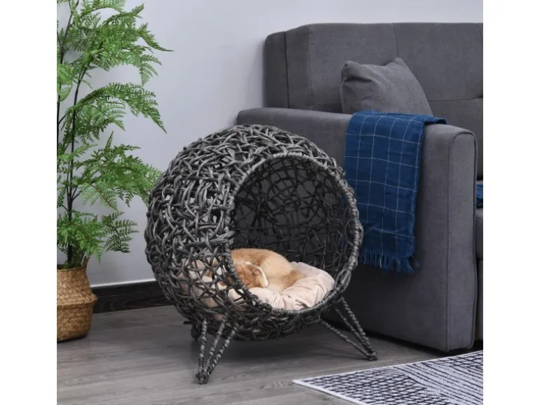 PawHut Katzenhaus aus Rattan mit Kissen Erhöhten Füßen