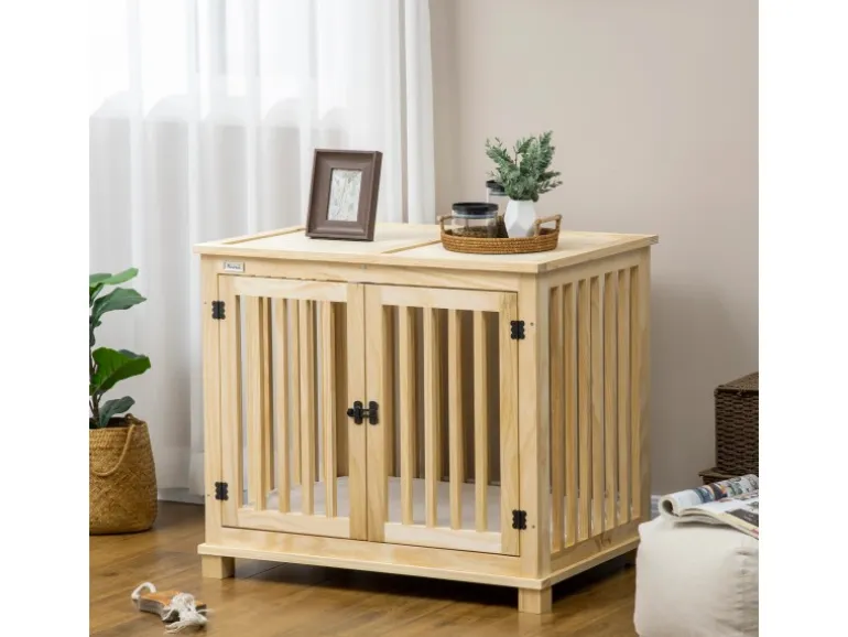 Pawhut Tierkäfig aus Holz mit Kissen Naturholz Cremeweiß 82,5 x 57 x 72 cm