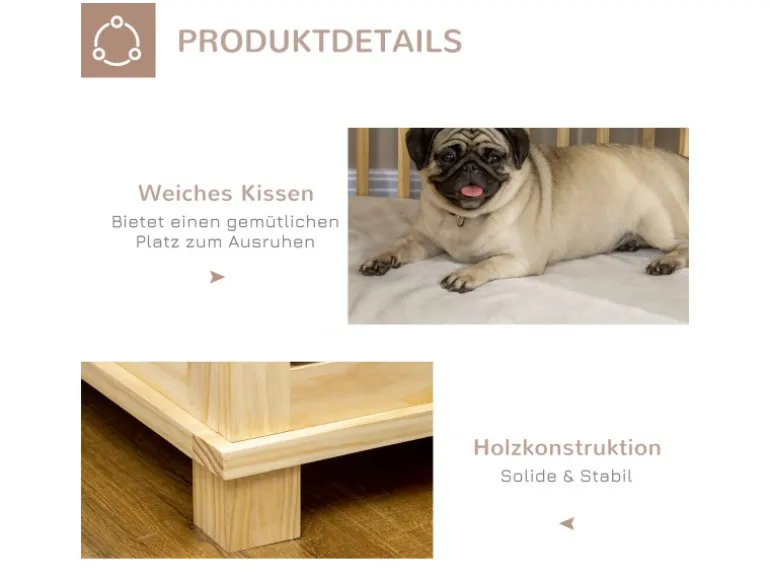 Pawhut Tierkäfig aus Holz mit Kissen Naturholz Cremeweiß 82,5 x 57 x 72 cm