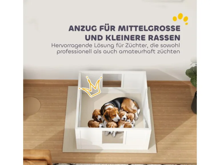 PawHut Wurfkiste für Welpen Kiefernholz MDF Weiß 100L x 96B x 48H cm