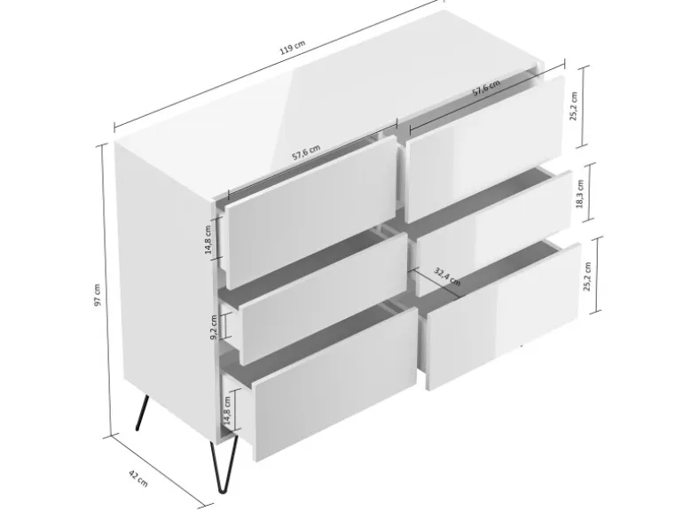 Posseik Sideboard Industrial M 6 Schubladen 120 cm Weiß Eiche Top