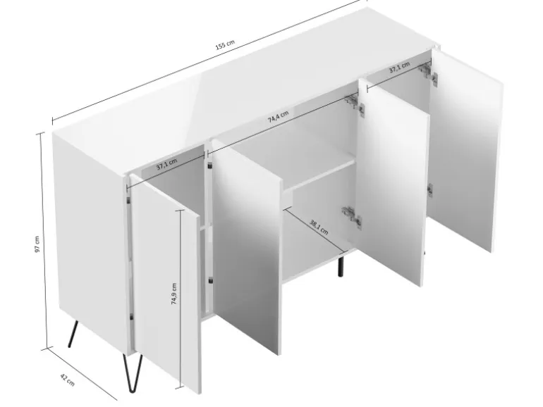 Posseik Sideboard Industrial P 4 Schubladen 4 Türen 155 cm Grafit Eiche Front