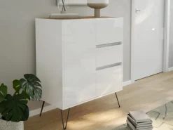Posseik Sideboard Industrial K 3 Schubladen 1 Tür 80 cm Weiß Eiche Top