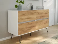 Posseik Sideboard Industrial E 4 Schubladen 120 cm Weiß Eiche Front