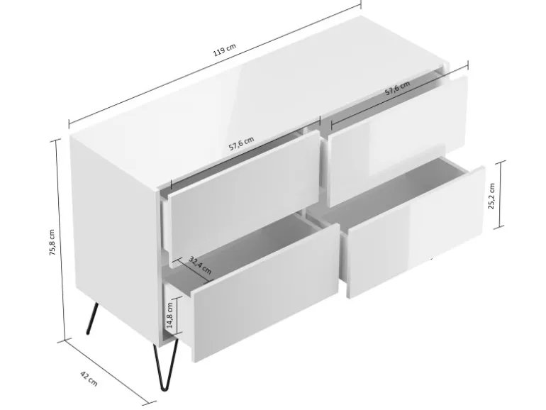 Posseik Sideboard Industrial E 4 Schubladen 120 cm Weiß Eiche Front