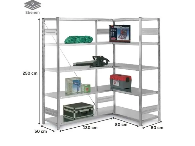 PROREGAL Eckregal Stecksystem T-Profil HxBxT 250 x 130 x 50 cm 6 Ebenen Traglast 124 kg Lichtgrau