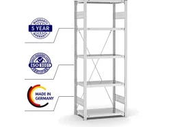 PROREGAL Fachbodenregal Stecksystem T-Profil Medium-Duty Grundregal HxBxT 200 x 75 x 40 cm 5 Ebenen Fachlast 225 kg Einseitig Nutzbar Lichtgrau
