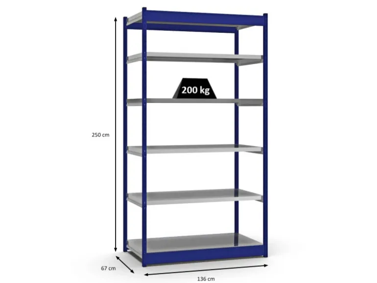PROREGAL Fachbodenregal Stecksystem Vierkant-Profil Grundregal HxBxT 250 x 132,5 x 60 cm 6 Ebenen Einseitige Bauart Fachlast 200 kg Enzianblau