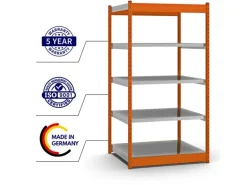 PROREGAL Fachbodenregal Stecksystem Vierkant-Profil Grundregal HxBxT 200 x 102,5 x 80 cm 5 Ebenen Einseitige Bauart Fachlast 200 kg Orange