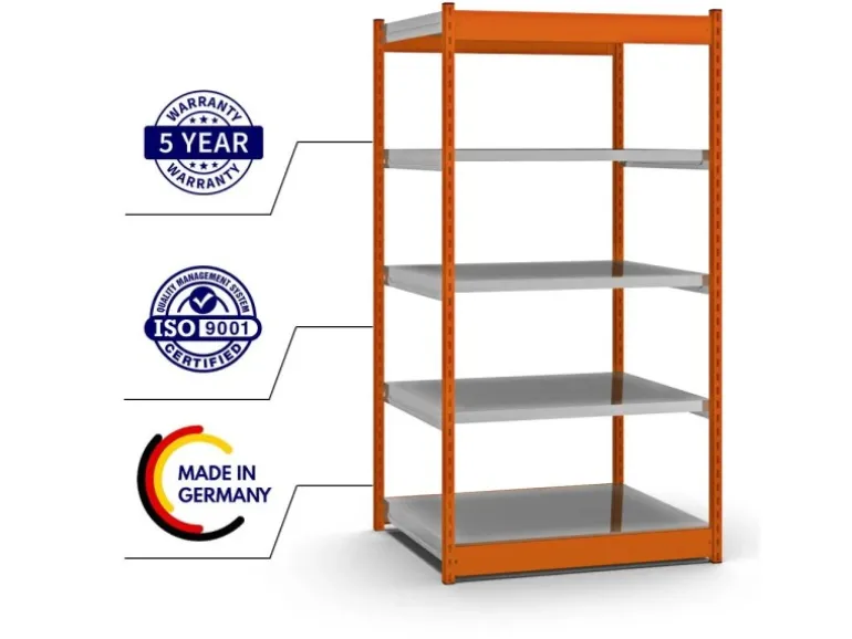 PROREGAL Fachbodenregal Stecksystem Vierkant-Profil Grundregal HxBxT 200 x 102,5 x 80 cm 5 Ebenen Einseitige Bauart Fachlast 200 kg Orange