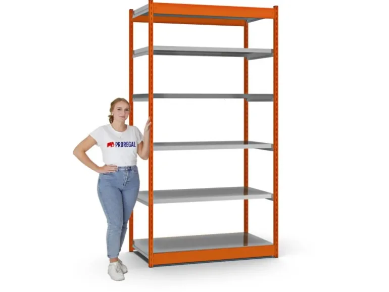PROREGAL Fachbodenregal Stecksystem Vierkant-Profil Grundregal HxBxT 250 x 132,5 x 60 cm 6 Ebenen Einseitige Bauart Fachlast 200 kg Orange