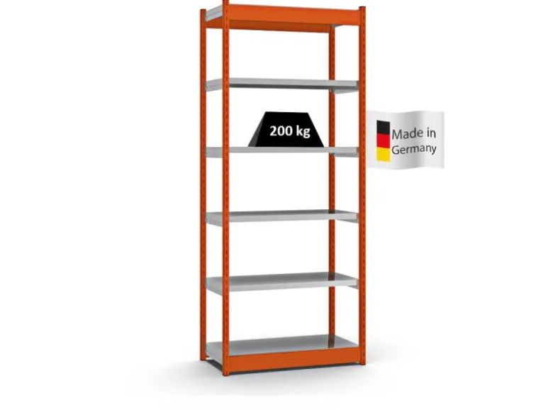 PROREGAL Fachbodenregal Stecksystem Vierkant-Profil Grundregal HxBxT 250 x 102,5 x 40 cm 6 Ebenen Einseitige Bauart Fachlast 200 kg Orange