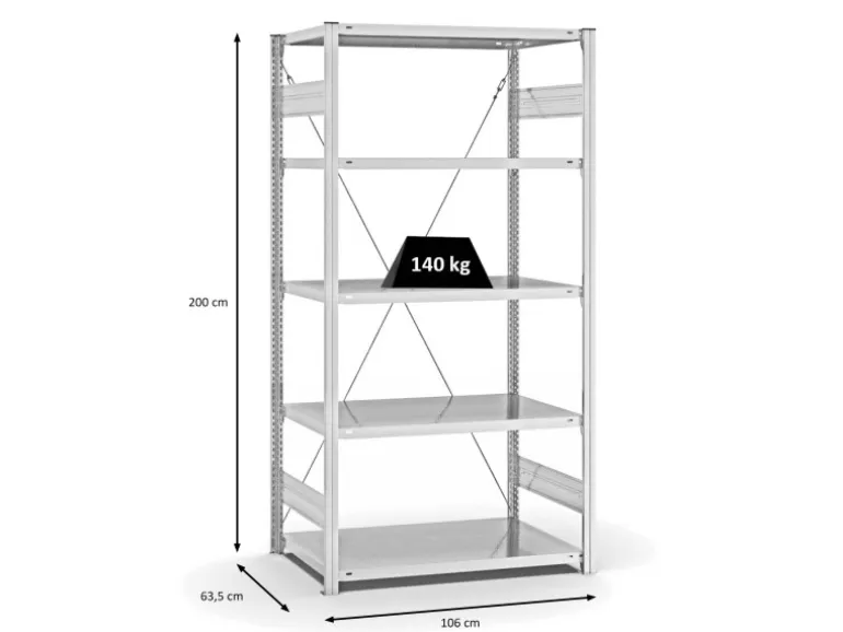 PROREGAL Fachbodenregal Stecksystem T-Profil Light-Duty Grundregal HxBxT 200 x 100 x 60 cm 5 Ebenen Fachlast 140 kg Einseitig Nutzbar Lichtgrau