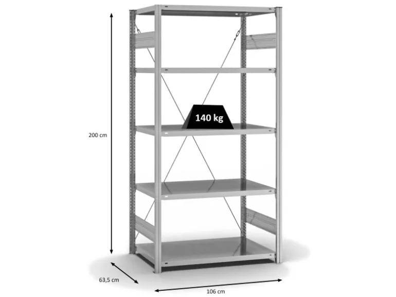 PROREGAL Fachbodenregal Stecksystem T-Profil Light-Duty Grundregal HxBxT 200 x 100 x 60 cm 5 Ebenen Fachlast 140 kg Einseitig Nutzbar Verzinkt