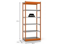 PROREGAL Fachbodenregal Stecksystem Vierkant-Profil Grundregal HxBxT 250 x 102,5 x 50 cm 6 Ebenen Einseitige Bauart Fachlast 200 kg Orange