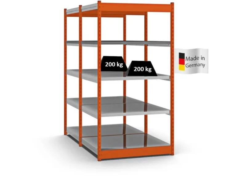 PROREGAL Fachbodenregal Stecksystem Vierkant-Profil Grundregal HxBxT 200 x 102,5 x 80 cm 2x5 Ebenen Doppelseitige Bauart Fachlast 200 kg Orange