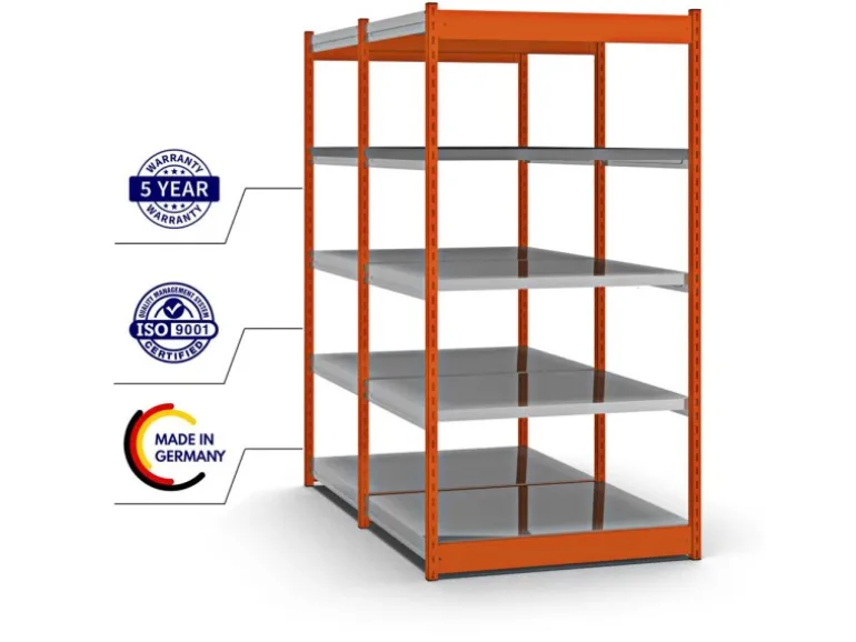 PROREGAL Fachbodenregal Stecksystem Vierkant-Profil Grundregal HxBxT 200 x 102,5 x 80 cm 2x5 Ebenen Doppelseitige Bauart Fachlast 200 kg Orange