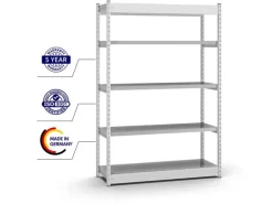 PROREGAL Fachbodenregal Stecksystem Vierkant-Profil Grundregal HxBxT 200 x 102,5 x 60 cm 5 Ebenen Einseitige Bauart Fachlast 200 kg Lichtgrau