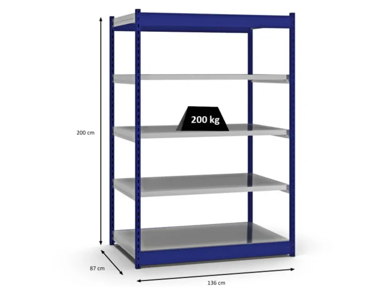 PROREGAL Fachbodenregal Stecksystem Vierkant-Profil Grundregal HxBxT 200 x 132,5 x 80 cm 5 Ebenen Einseitige Bauart Fachlast 200 kg Enzianblau