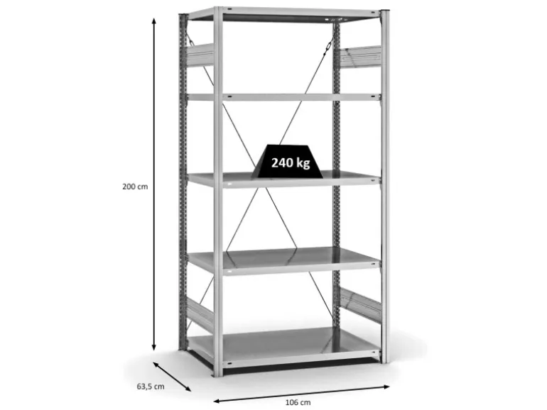 PROREGAL Fachbodenregal Stecksystem T-Profil Medium-Duty Grundregal HxBxT 200 x 100 x 60 cm 5 Ebenen Fachlast 240 kg Einseitig Nutzbar Verzinkt