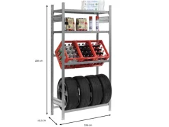 PROREGAL Getränkekisten- & Reifenregal Chiemsee Tire Made in Germany HxBxT 200 x 106 x 43,5 cm 3 Kisten auf 1 Ebene & 4 Reifen & 2 Boards Verzinkt