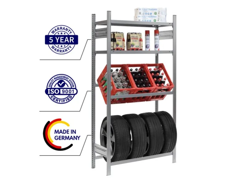 PROREGAL Getränkekisten- & Reifenregal Chiemsee Tire Made in Germany HxBxT 200 x 106 x 43,5 cm 3 Kisten auf 1 Ebene & 4 Reifen & 2 Boards Verzinkt
