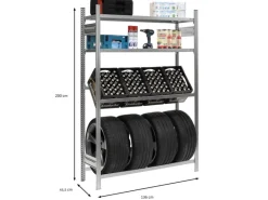 PROREGAL Getränkekisten- & Reifenregal Chiemsee Tire Made in Germany HxBxT 200 x 136 x 43,5 cm 4 Kisten auf 1 Ebene & 4 Reifen & 2 Boards Verzinkt