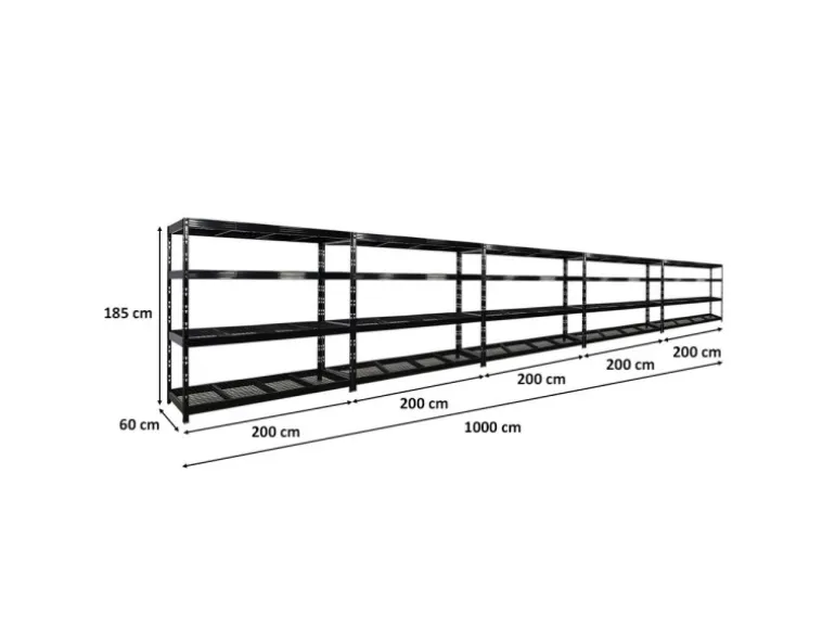 PROREGAL Mega Deal 5x Profi Schwerlastregal Rhino HxBxT 180x200x60cm 4 Gitterrost-Ebenen Fachlast 500kg Schwarz