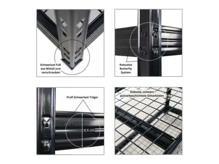 PROREGAL Mega Deal 4x Profi Schwerlastregal Rhino HxBxT 180x200x60cm 4 Gitterrost-Ebenen Fachlast 500kg Schwarz