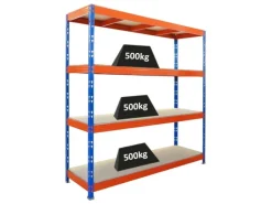PROREGAL Profi Schwerlastregal Rhino HxBxT 200x200x60cm 4 Spanplatten-Ebenen 16mm Fachlast 500kg Blau/Orange Stecksystem Lagerregal Steckregal