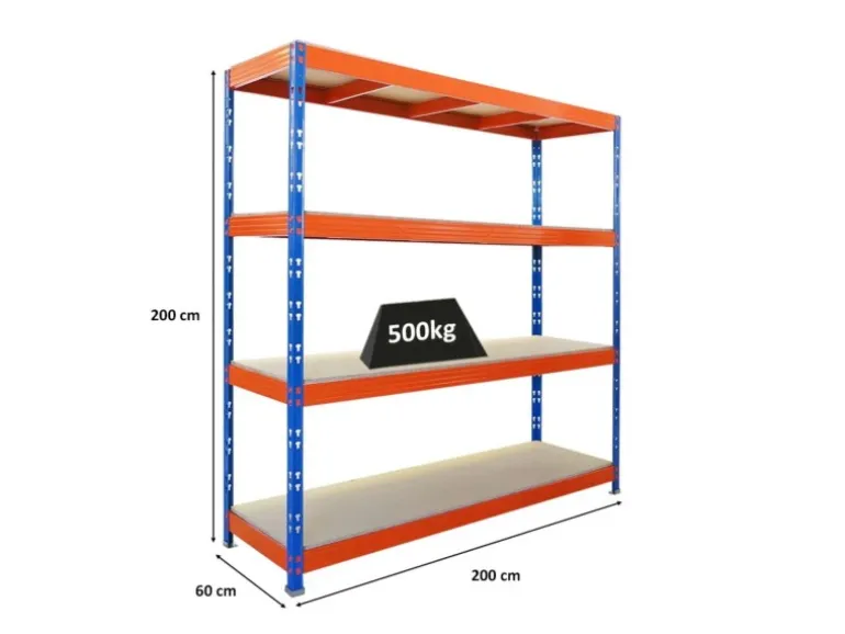PROREGAL Profi Schwerlastregal Rhino HxBxT 200x200x60cm 4 Spanplatten-Ebenen 16mm Fachlast 500kg Blau/Orange Stecksystem Lagerregal Steckregal