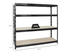 PROREGAL Profi Schwerlastregal Rhino HxBxT 180 x 200 x 60 cm 4 Spanplatten-Ebenen 8mm Fachlast 500 kg Schwarz