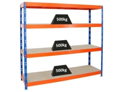 PROREGAL Profi Schwerlastregal Rhino HxBxT 180 x 200 x 60 cm 4 Spanplatten-Ebenen 8mm Fachlast 500 kg Blau/Orange