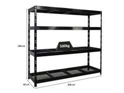 PROREGAL Profi Schwerlastregal Rhino HxBxT 180x200x60cm 4 Gitterrost-Ebenen Fachlast 500kg Schwarz Stecksystem Lagerregal Regalsystem