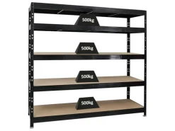 PROREGAL Profi Schwerlastregal Rhino HxBxT 180 x 200 x 60 cm 5 Spanplatten-Ebenen 8mm Fachlast 500 kg Schwarz