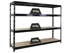 PROREGAL Profi Schwerlastregal Rhino HxBxT 180x240x60cm 4 Spanplatten-Ebenen 8mm Fachlast 450kg Schwarz Stecksystem Lagerregal Regalsystem