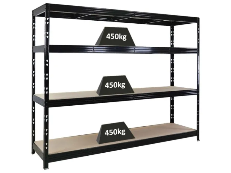 PROREGAL Profi Schwerlastregal Rhino HxBxT 180x240x60cm 4 Spanplatten-Ebenen 8mm Fachlast 450kg Schwarz Stecksystem Lagerregal Regalsystem