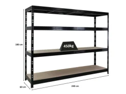 PROREGAL Profi Schwerlastregal Rhino HxBxT 180x240x60cm 4 Spanplatten-Ebenen 8mm Fachlast 450kg Schwarz Stecksystem Lagerregal Regalsystem