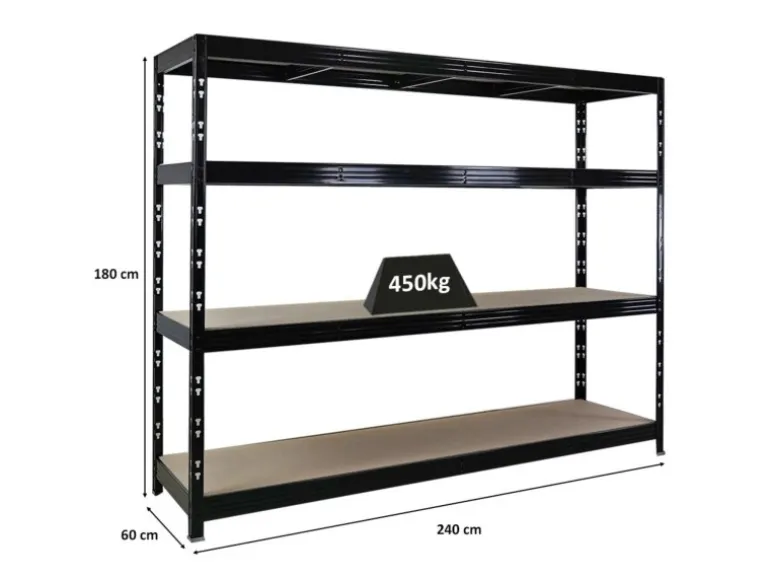 PROREGAL Profi Schwerlastregal Rhino HxBxT 180x240x60cm 4 Spanplatten-Ebenen 8mm Fachlast 450kg Schwarz Stecksystem Lagerregal Regalsystem