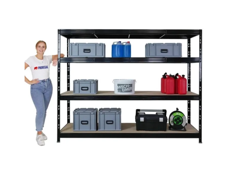 PROREGAL Profi Schwerlastregal Rhino HxBxT 180x240x60cm 4 Spanplatten-Ebenen 8mm Fachlast 450kg Schwarz Stecksystem Lagerregal Regalsystem