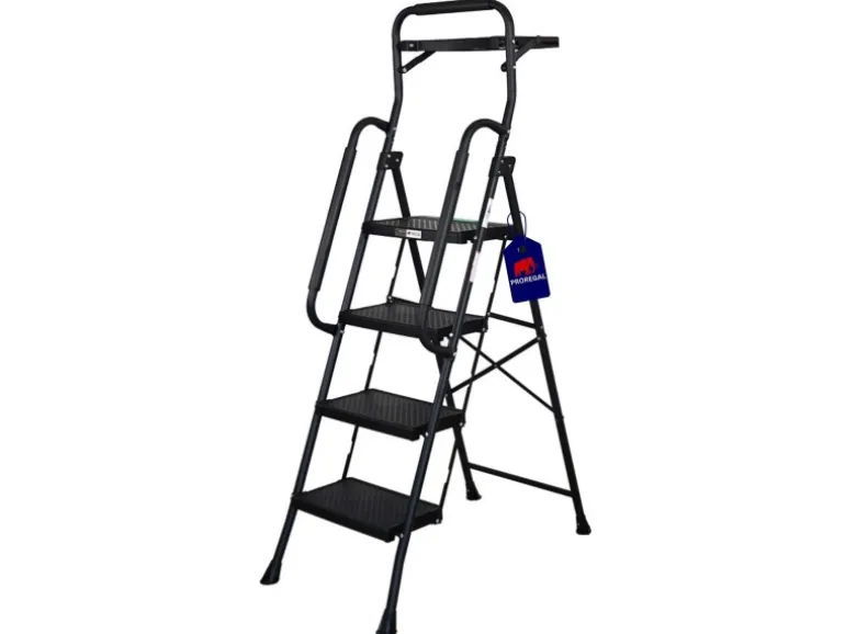 PROREGAL Profi-Trittleiter Klappbar Mit Handbügel Und Werkzeugablage 4 Stufen 160x51x87cm Traglast 150kg Stahl Schwarz Klappleiter Haushaltsleiter